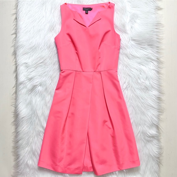 SOLD-Ted Baker Coral Pink Pleated Fit Flare Dress - Picture 8 of 12